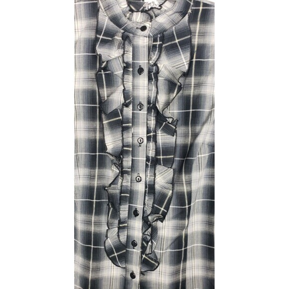 Toi Et Moi Boho Office Siren Blouse Top M Plaid Gray Black Ruffle Front Academia - Picture 4 of 5